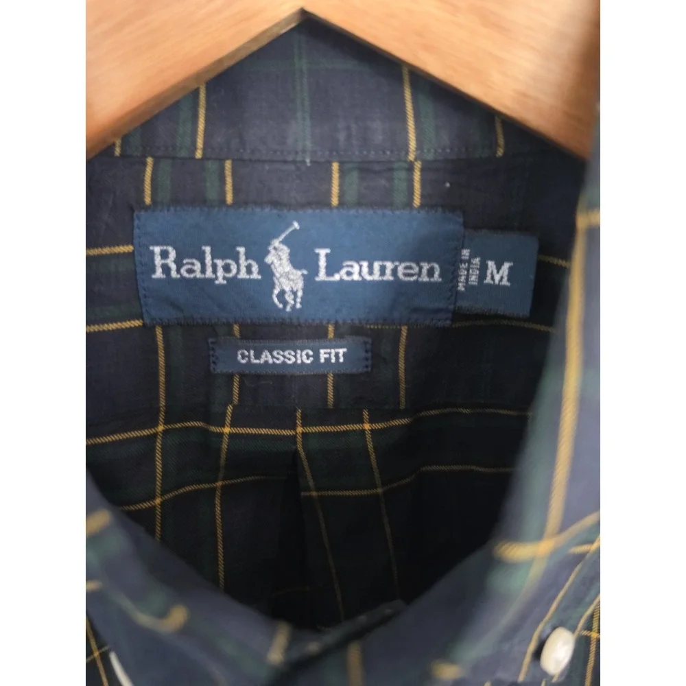 Vintage Ralph Lauren Classic Fit Men M Navy Green Yellow Plaid Button Down Shirt